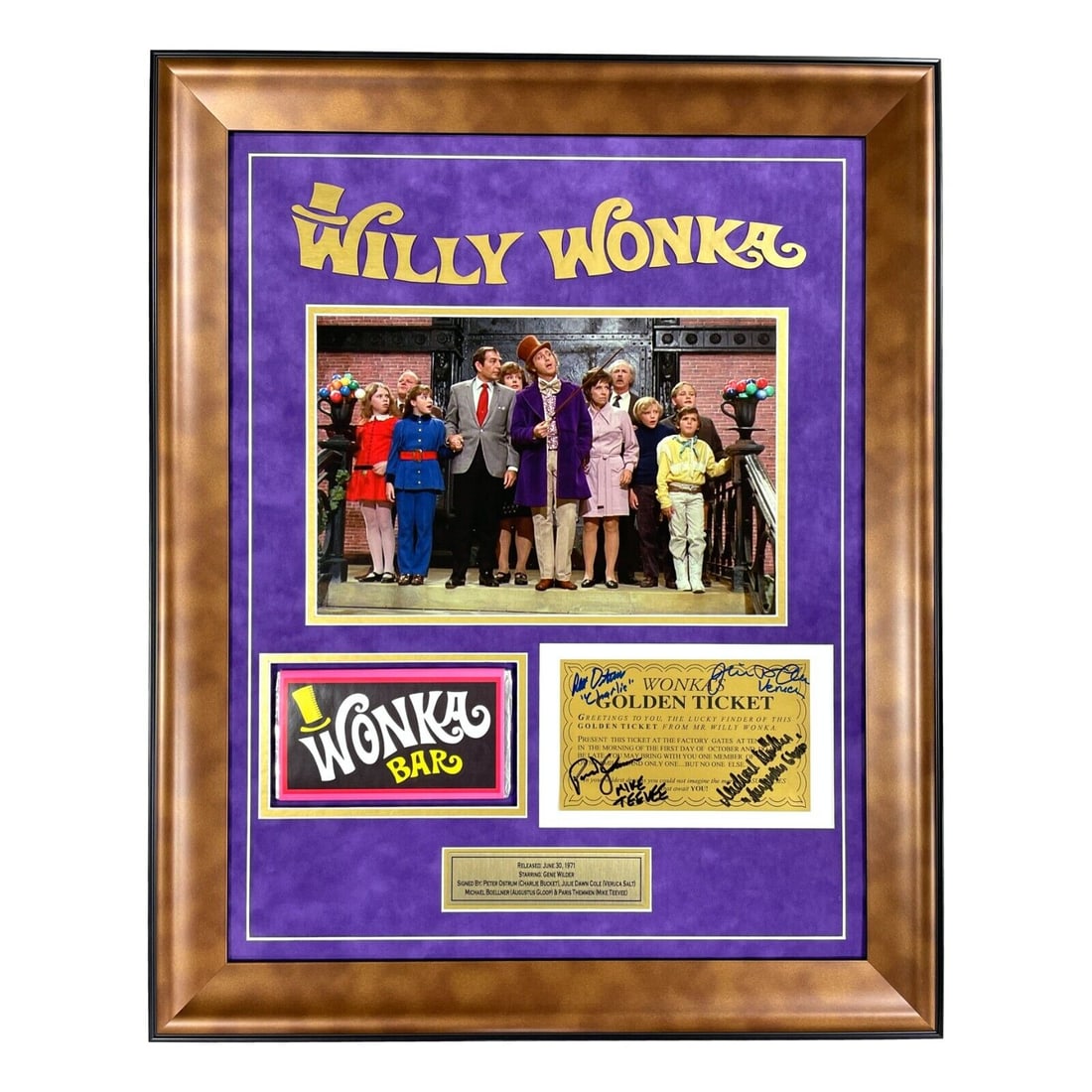 willy wonka kids x4 cast autographed framed golden ticket bar JSA COA signed: willy wonka kids x4 cast autographed framed golden ticket bar JSA COA signed Willy Wonka Kids x4 Cast Autographed Framed Golden Ticket Bar JSA COA Signed SKU no: RBJ7421658628184