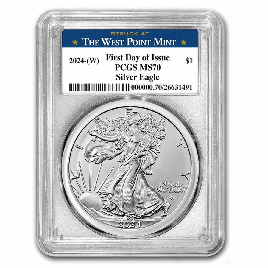 2024-(W) American Silver Eagle MS-70 PCGS (FDI, West Point Label): 2024-(W) American Silver Eagle MS-70 PCGS (FDI, West Point Label) SKU no: RBJ 284591 Year: 2024 Grade: MS-70 Grade Service: PCGS Denomination: 1 Dollar Mint Mark: W - West Point (Not Shown)