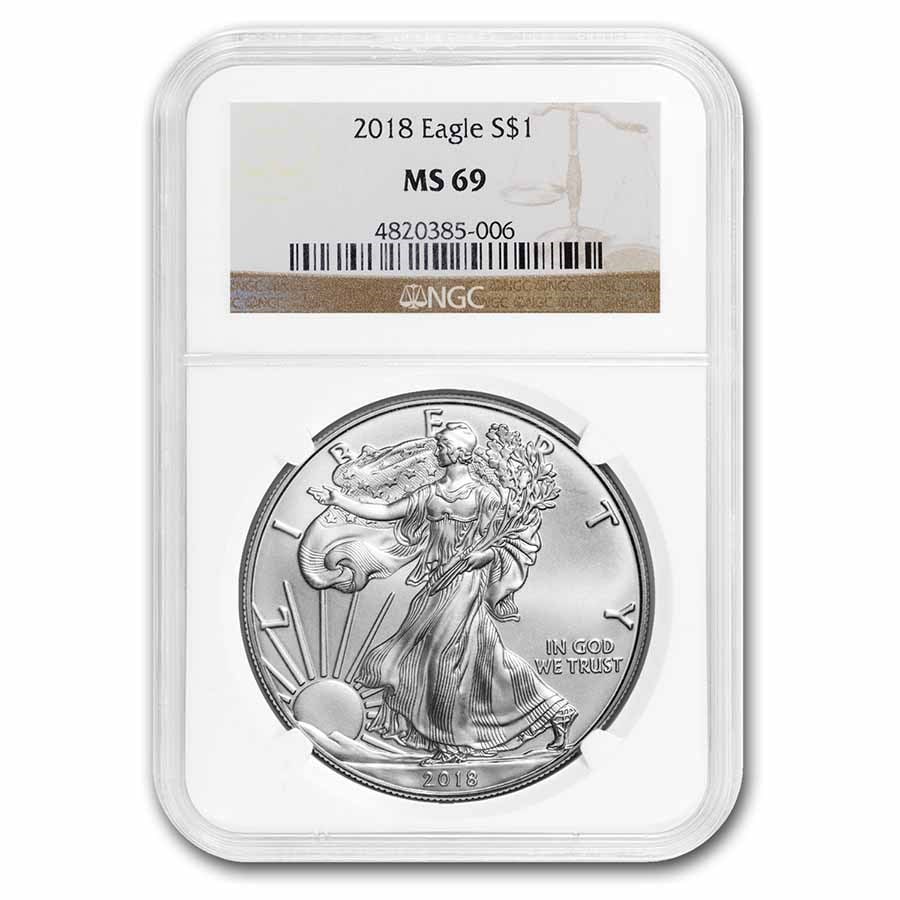 2018 American Silver Eagle MS-69 NGC: 2018 American Silver Eagle MS-69 NGC SKU no: RBJ 153441 Year: 2018 Grade Service: NGC Denomination: 1 Dollar Metal Content: 1 troy oz Purity: .999 Thickness: 2.98 mm Diameter: 40