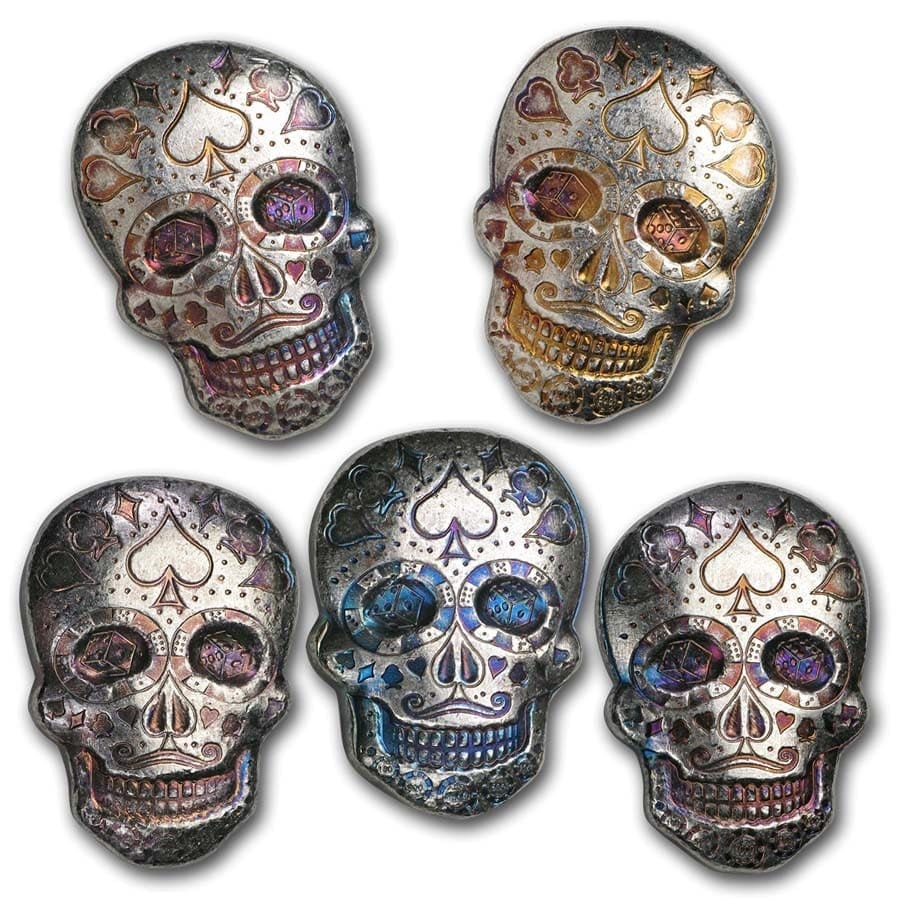2 oz Hand Poured Silver Skull - Day of the Dead: Poker Face: 2 oz Hand Poured Silver Skull - Day of the Dead: Poker Face SKU no: RBJ 191099 Year: N/A Grade: None Grade Service: None Mint Mark: N/A - Not Available Metal Content: 2 troy oz Purity: .9