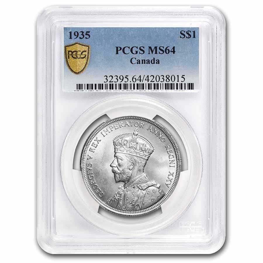 1935 Canada Silver Dollar George V MS-64 PCGS: 1935 Canada Silver Dollar George V MS-64 PCGS SKU no: RBJ 233680 Year: 1935 Grade: MS-64 Grade Service: PCGS Denomination: 1 Dollar Mint Mark: RCM (Not Shown) Metal Content: 0.6 troy oz <
