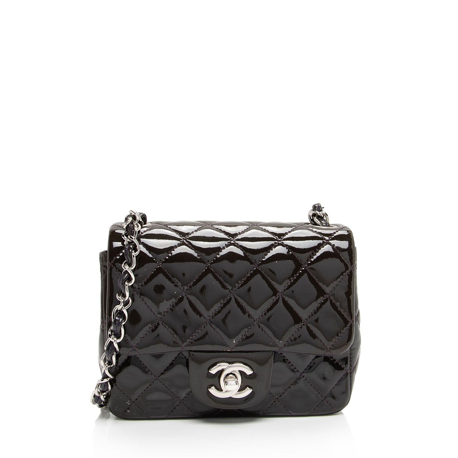 Chanel Patent Leather Classic Square Mini Flap Bag: Chanel Patent Leather Classic Square Mini Flap Bag Condition Quality: Light scuffs and minor marks throughout exterior. Minor surface scratches to hardware. Visible creases and scuffs throughout inter
