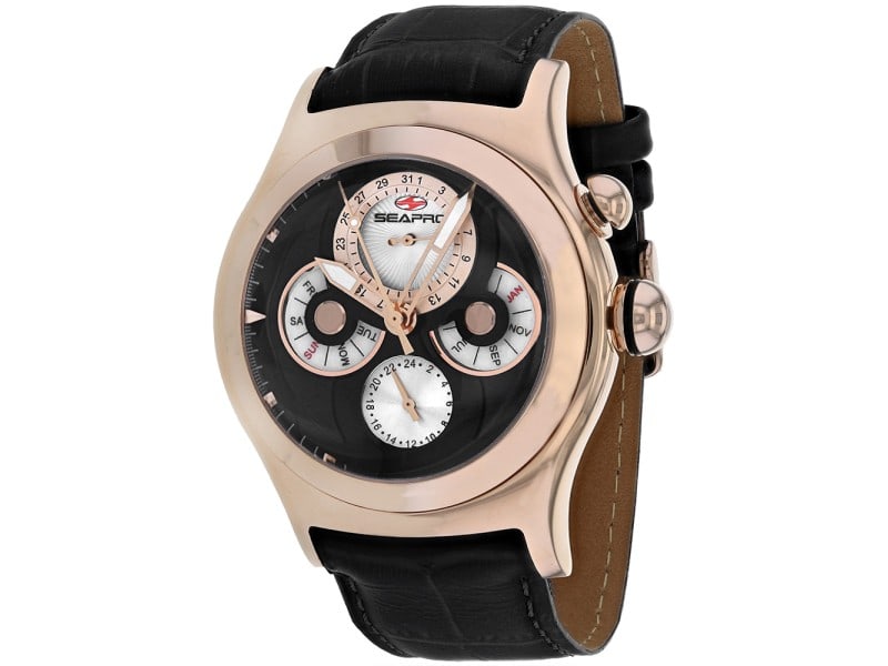 Seapro Mens Chronoscope: Seapro Mens Chronoscope Stainless steel case, Leather strap, Black dial, Quartz Movement, Scratch resistant mineral, Water resistant up to 5 ATM - 50 meters - 165 feet SKU no: RBJ SP0134-39B2A Brand: 