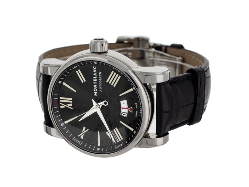 MontBlanc Star Black Dial Black Strap Steel Automatic: MontBlanc Star Black Dial Black Strap Steel Automatic Item Specifics: Band Color: Black Band Material: Leather Bezel Color: Silver Brand: Montblanc Case Color: Silver Case Material: Stain