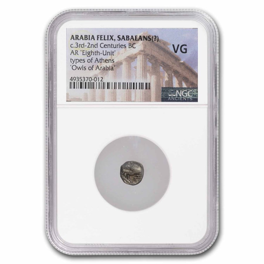 Arabia Felix. Sabaeans AR Eighth Unit Owl (c.3rd-2nd BC) VG NGC: Arabia Felix. Sabaeans AR Eighth Unit Owl (c.3rd-2nd BC) VG NGC SKU no: RBJ 285514 Year: 3rd-2nd BC Grade: Very Good Grade Service: NGC Denomination: AR Eighth Unit Mint Mark: Not Shown M