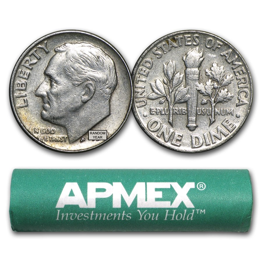 90% Silver Roosevelt Dimes 50-Coin Roll Avg Circ: 90% Silver Roosevelt Dimes 50-Coin Roll Avg Circ SKU no: RBJ 4018 Year: Random Grade: Average Circulated Grade Service: None Denomination: 10 Cents Mint Mark: Varies Metal Content: 3.575