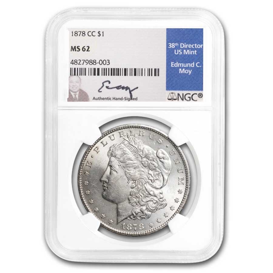 1878-CC Morgan Dollar MS-62 NGC (Moy Label): 1878-CC Morgan Dollar MS-62 NGC (Moy Label) SKU no: RBJ 291449 Year: 1878 Grade: MS-62 Grade Service: NGC Denomination: 1 Dollar Mint Mark: CC - Carson City Metal Content: 0.7734 troy oz