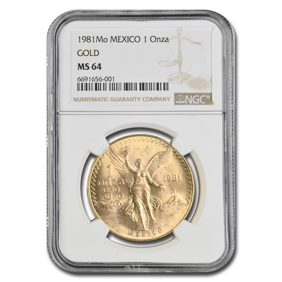 1981 Mexico 1 oz Gold Libertad MS-64 NGC: 1981 Mexico 1 oz Gold Libertad MS-64 NGC SKU no: RBJ 293053 Year: 1981 Grade Service: NGC Metal Content: 1 troy oz Purity: .900 Thickness: 2.5 mm Diameter: 34.5 mm