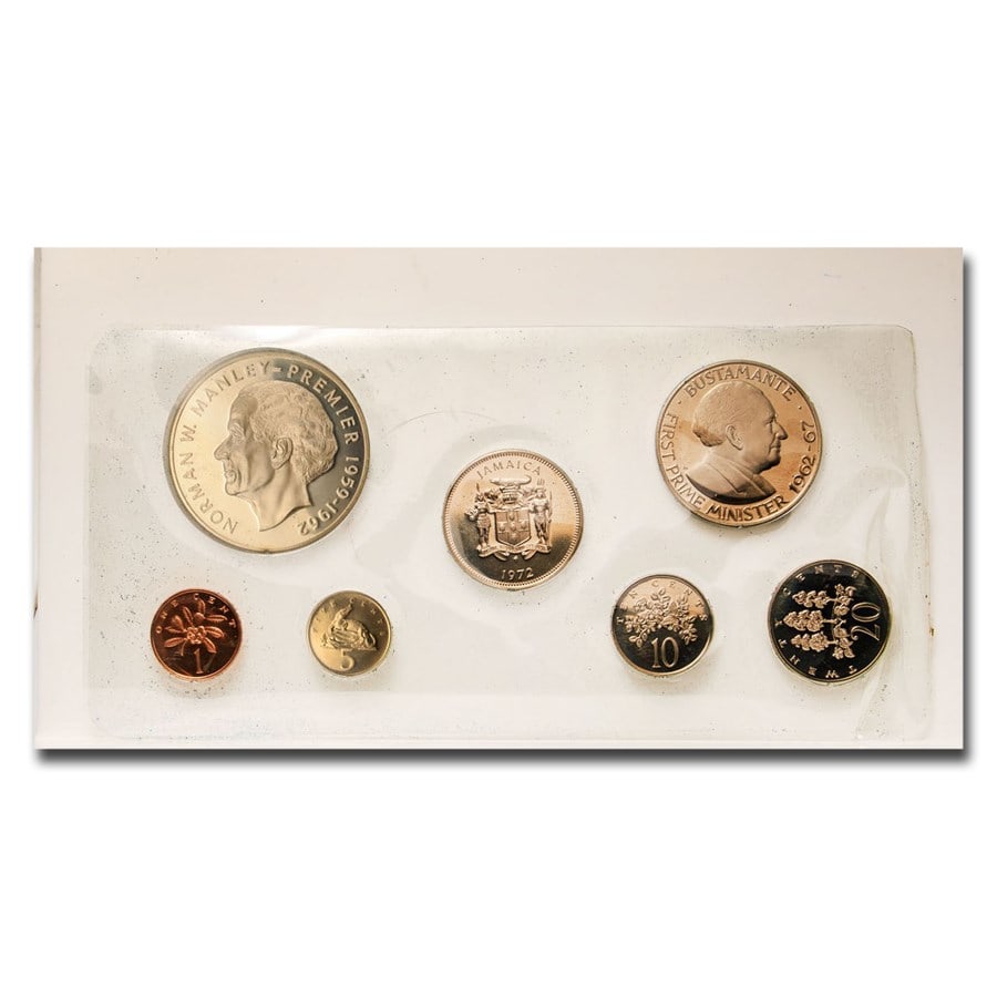 1972 Jamaica 7-Coin Proof Set (Lightly toned): 1972 Jamaica 7-Coin Proof Set (Lightly toned) SKU no: RBJ 28319 Year: 1972 Grade: Proof Grade Service: None Denomination: Varies Mint Mark: Not Shown Metal Content: 1.2336 troy oz