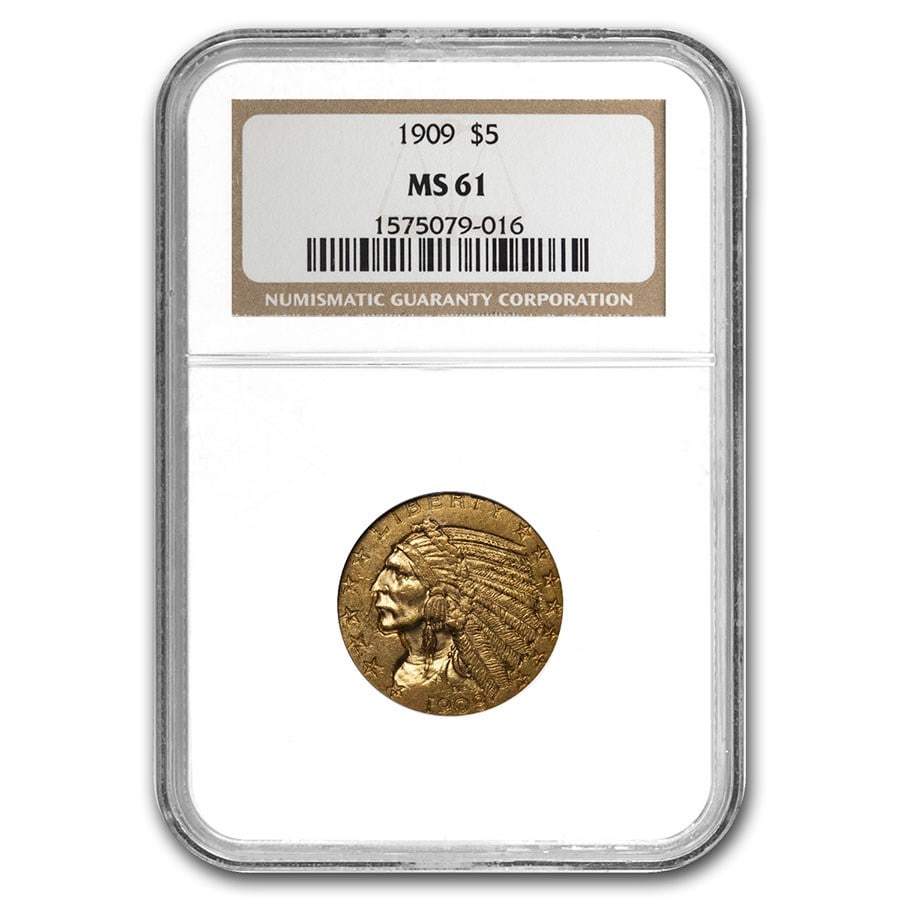 1909 $5 Indian Gold Half Eagle MS-61 NGC: 1909 $5 Indian Gold Half Eagle MS-61 NGC SKU no: RBJ 4288 Year: 1909 Grade Service: NGC Denomination: $5.00 Metal Content: 0.2419 troy oz Purity: .900 Thickness: 1.4 mm Diameter: