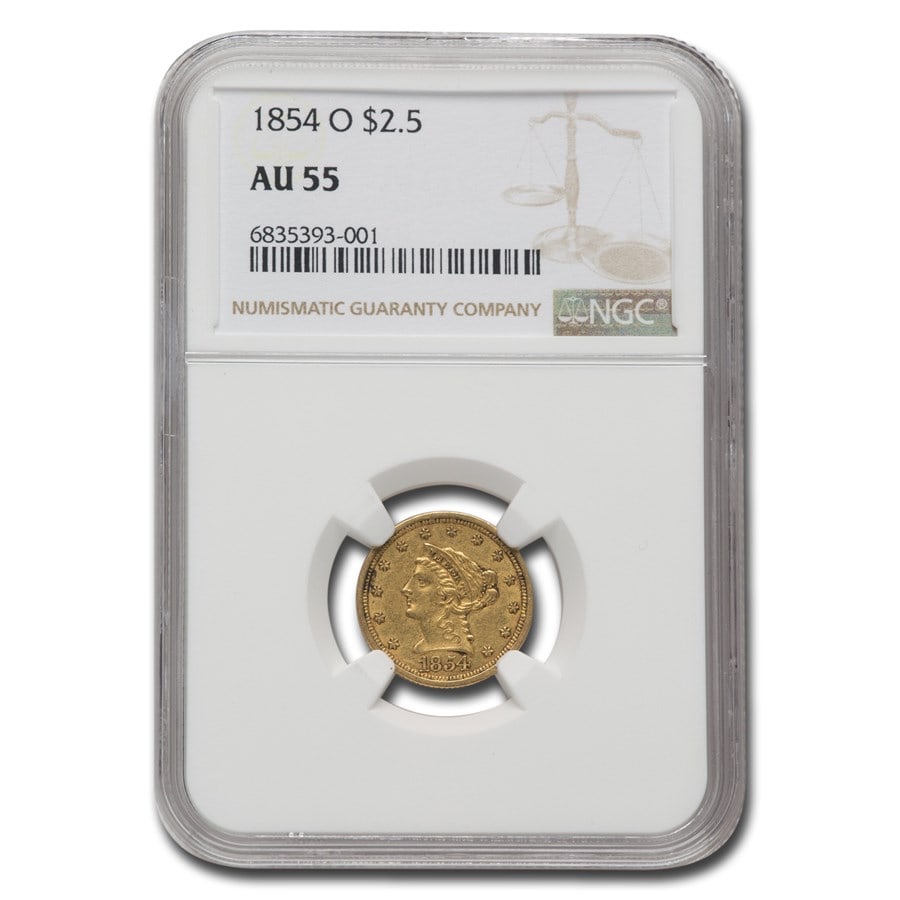 1854-O $2.50 Liberty Gold Quarter Eagle AU-55 NGC: 1854-O $2.50 Liberty Gold Quarter Eagle AU-55 NGC SKU no: RBJ 166749 Year: 1854 Grade Service: NGC Denomination: 2 1/2 Dollars Metal Content: 0.1209 troy oz Purity: .900 Thickness: 1.27 m