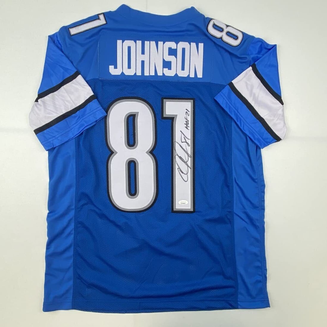 Autographed/Signed CALVIN JOHNSON HOF 21 Detroit Blue Football Jersey JSA COA: Autographed/Signed CALVIN JOHNSON HOF 21 Detroit Blue Football Jersey JSA COA Autographed/Signed CALVIN JOHNSON HOF 21 Detroit Blue Football Jersey JSA COA SKU no: RBJ7351654121560