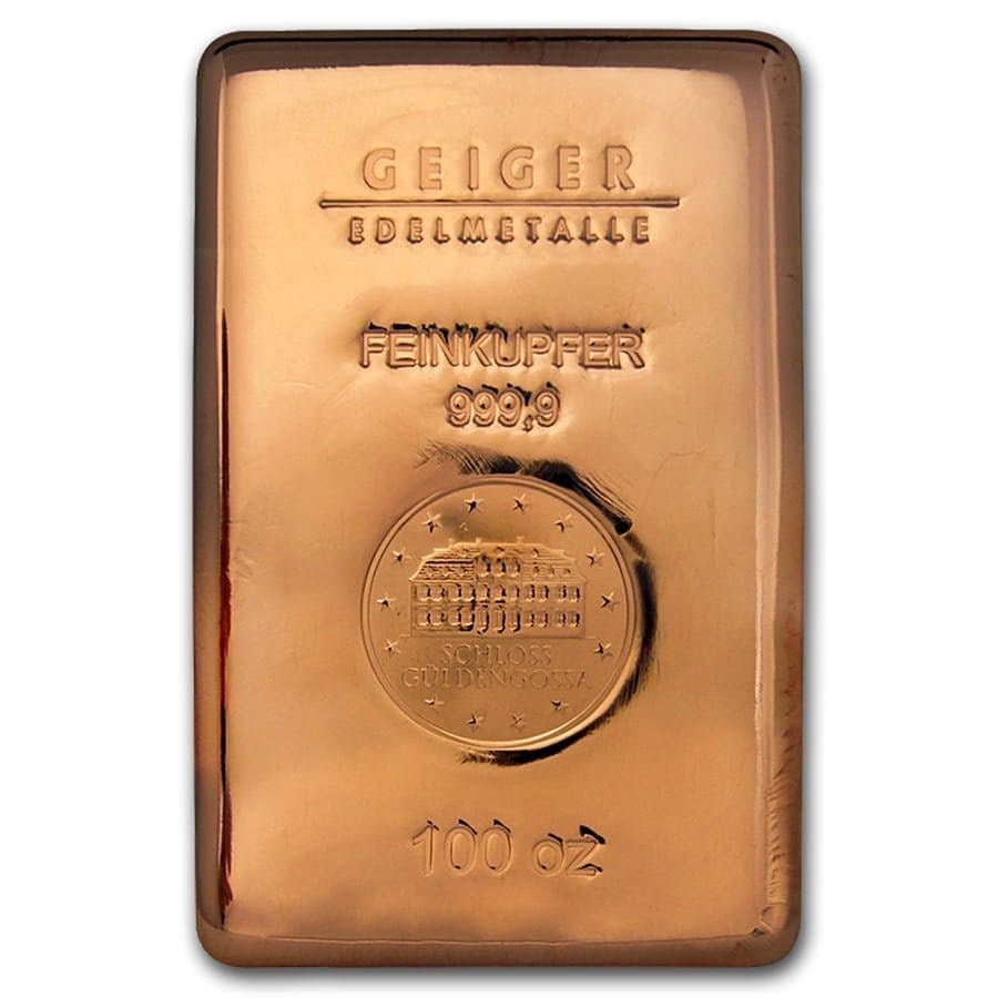 100 oz Copper Bar - Geiger (Poured, .9999 Fine): 100 oz Copper Bar - Geiger (Poured, .9999 Fine) SKU no: RBJ 103964 Year: N/A Grade: None Grade Service: None Mint Mark: None Metal Content: 100 AVDP oz Purity: .999 Thickness: N/