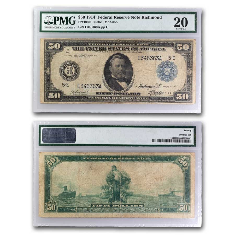 1914 (E-Richmond) $50 FRN VF-20 PMG (Fr#1040): 1914 (E-Richmond) $50 FRN VF-20 PMG (Fr#1040) SKU no: RBJ292713 Year: 1914 Grade: Very Fine - 20 Grade Service: PMG Denomination: 50 Dollars Mint Mark: E - Richmond Metal Content: 0 troy