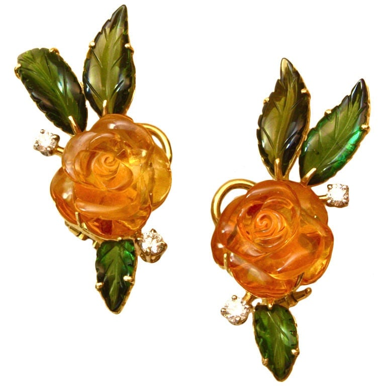Beautiful Carved Stone Flower Earclips, Michael Kanners: Beautiful Carved Stone Flower Earclips, Michael Kanners Metal: 18k Gold Stone: Citrine, Tourmaline, Diamond Stone Cut: Mixed Cut Dimensions: Width: 0.32 in (8.13 mm) Length: 1.5 in (38.1 mm) Style: Co