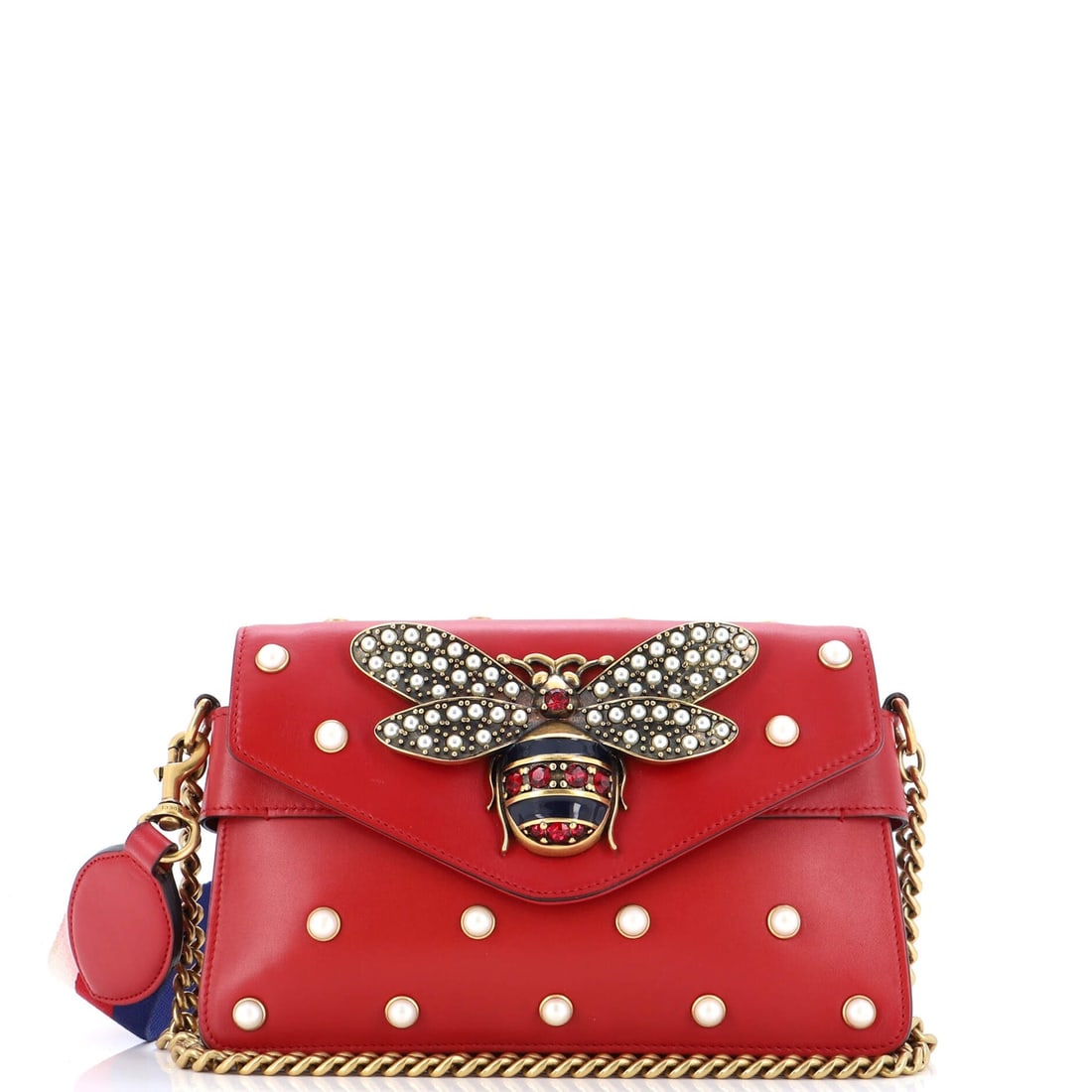 Gucci Broadway Pearly Bee Shoulder Bag Embellished Leather Mini: Gucci Broadway Pearly Bee Shoulder Bag Embellished Leather Mini Exterior Color: Red Interior Color: Neutral Exterior Material: Leather Interior Material: Leather Hardware Color: Aged Gold Accessor