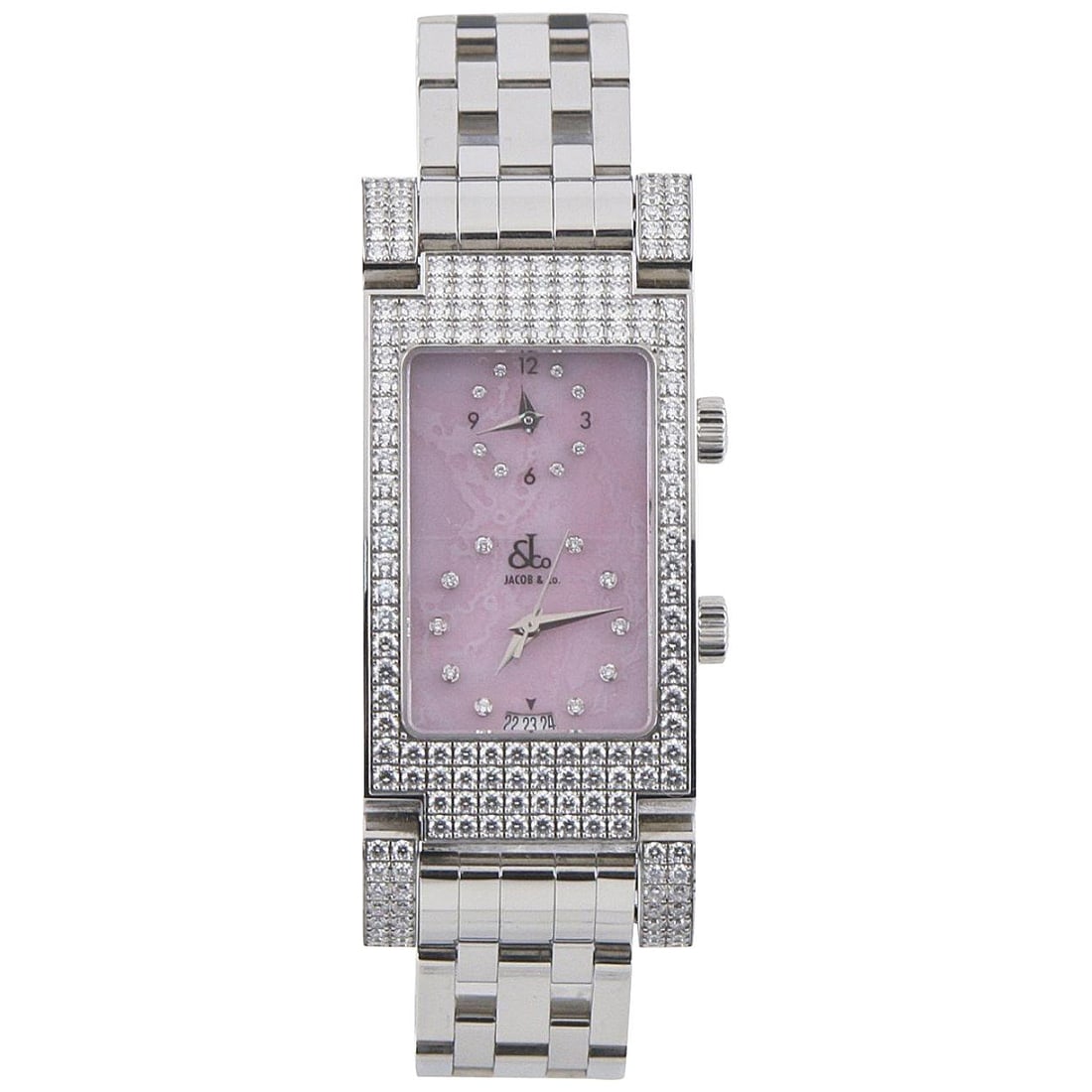 Jacob & Co. Stainless Steel: Jacob & Co. Stainless Steel and Diamond Angel Quartz Watch with Box and Papers Description: Stone: Diamond, Quartz Stone Cut: Bead Weight: 116.2 g Movement: Quartz Case Dimensions: Length