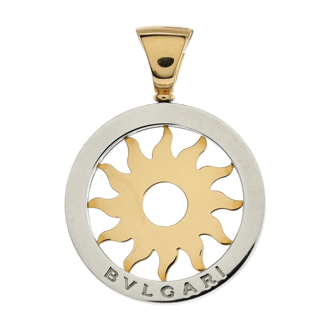 Bvlgari Tondo Sun Pendant Pendant: Bvlgari Tondo Sun Pendant Pendant & Charms Stainless Steel with 18K Yellow Gold Description: Metal Type: 18K Yellow Gold, Stainless Steel Metal Finish: High Polish Hallmarks Type: 750, Designer Signat