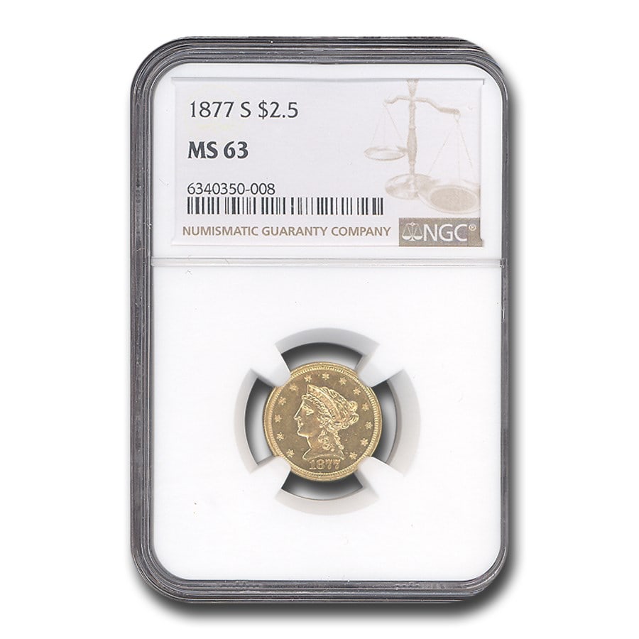 1877-S $2.50 Liberty Gold Quarter: 1877-S $2.50 Liberty Gold Quarter Eagle MS-63 NGC Description: SKU no: RBJ290665 Year: 1877 Grade: MS-63 Grade Service: NGC Denomination: $2.50 Mint Mark: S - San Francisco <