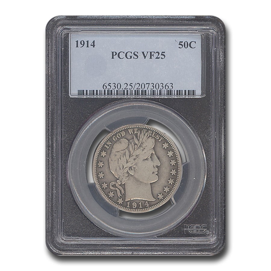 1914 Barber Half Dollar VF-25: 1914 Barber Half Dollar VF-25 PCGS Description: SKU no: RBJ283710 Year: 1914 Grade Service: PCGS Denomination: 50 Cents Metal Content: 0.3617 troy oz Purity: .900 Diamet