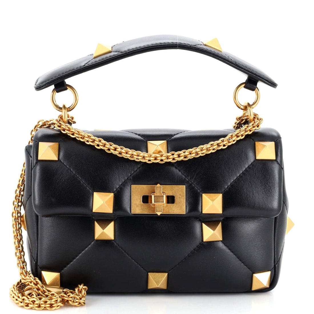 Valentino Garavani Roman Stud Flap: Valentino Garavani Roman Stud Flap Bag Quilted Leather Medium Description: Exterior Color: Black Interior Color: Black Exterior Material: Leather Interior Material: Leather Hardware Color