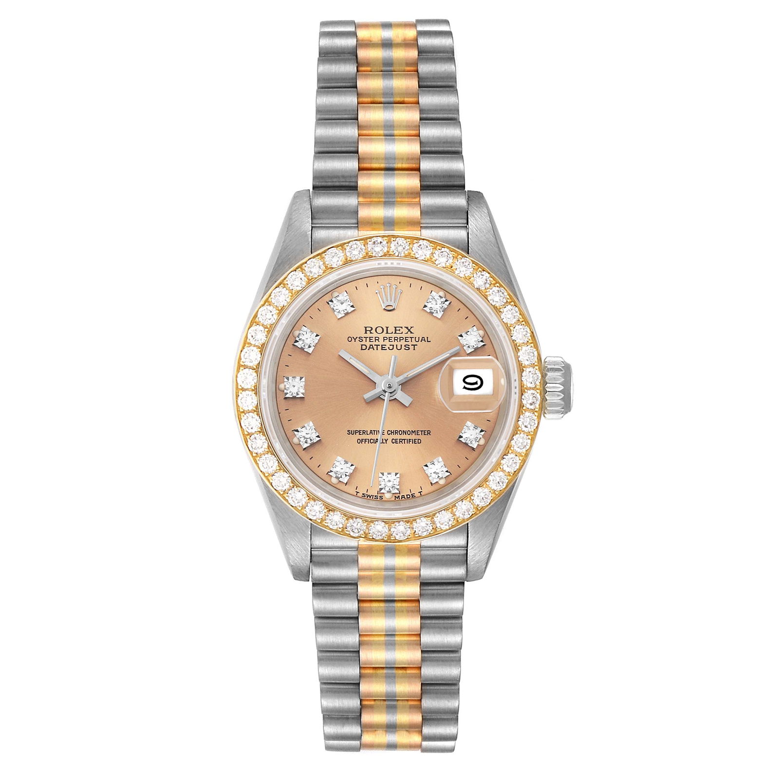 Rolex President Tridor White Yellow: Rolex President Tridor White Yellow Rose Gold Bronze Dial Diamond Watch 69139 Description: SKU no. RBJ53643 Brand: Rolex Model Name: Rolex President Tridor White Yellow Rose Gold Bronze Dial Diamond W
