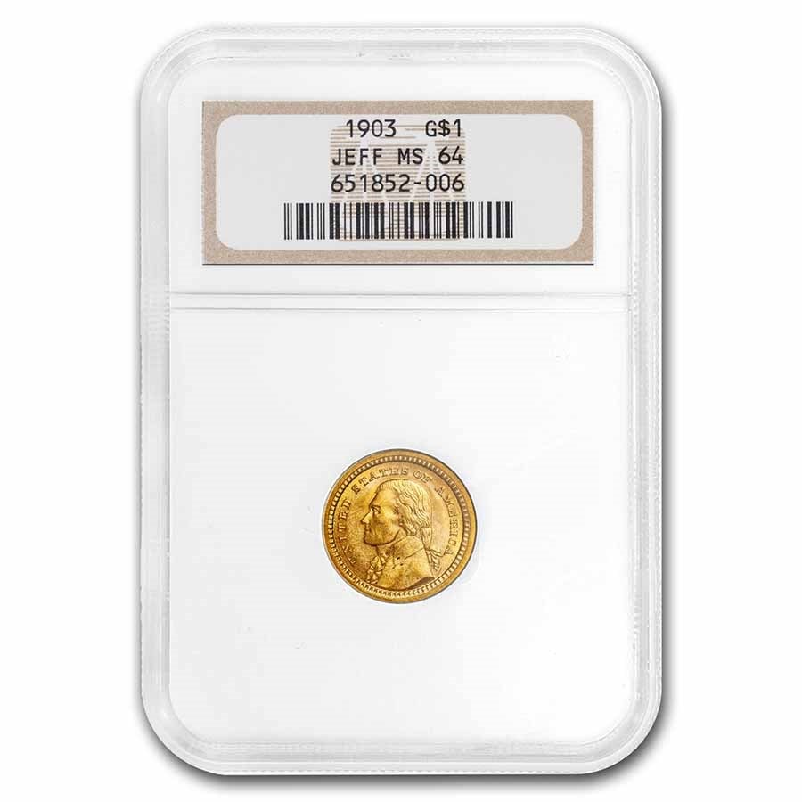 1903 Gold $1.00 Louisiana Purchase Jefferson MS-64: 1903 Gold $1.00 Louisiana Purchase Jefferson MS-64 SKU no: RBJ72778 Year: 1903 Grade Service: NGC Denomination: $1.00 Metal Content: 0.0483 troy oz Purity: .900 Thickness: 0.76 mm