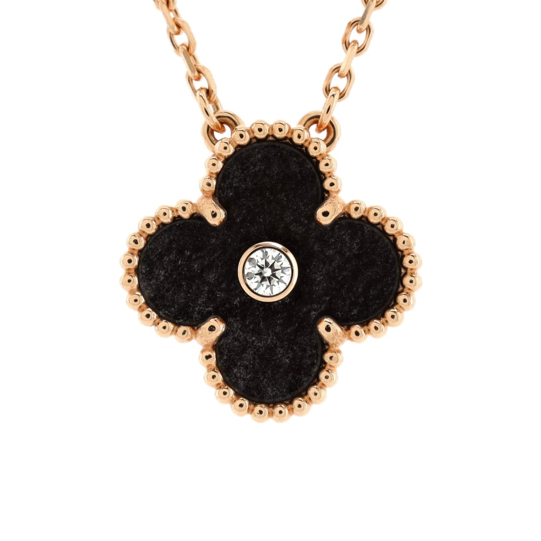 Van Cleef & Arpels Vintage: Van Cleef & Arpels Vintage Alhambra Pendant Necklace 18K Rose Gold and Silver Obsidian with Diamond Description: Metal Type: 18K Rose Gold Metal Finish: High Polish Hallmarks Type: 750, Designer Signa