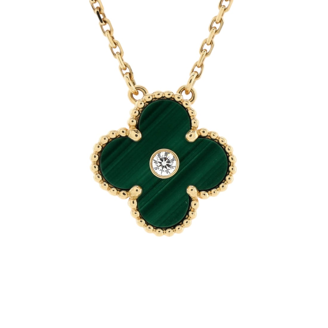 Van Cleef & Arpels Vintage: Van Cleef & Arpels Vintage Alhambra Pendant Necklace 18K Yellow Gold and Malachite with Diamond Description: Metal Type: 18K Yellow Gold Metal Finish: Brushed, High Polish Hallmarks Type: 750, Designe