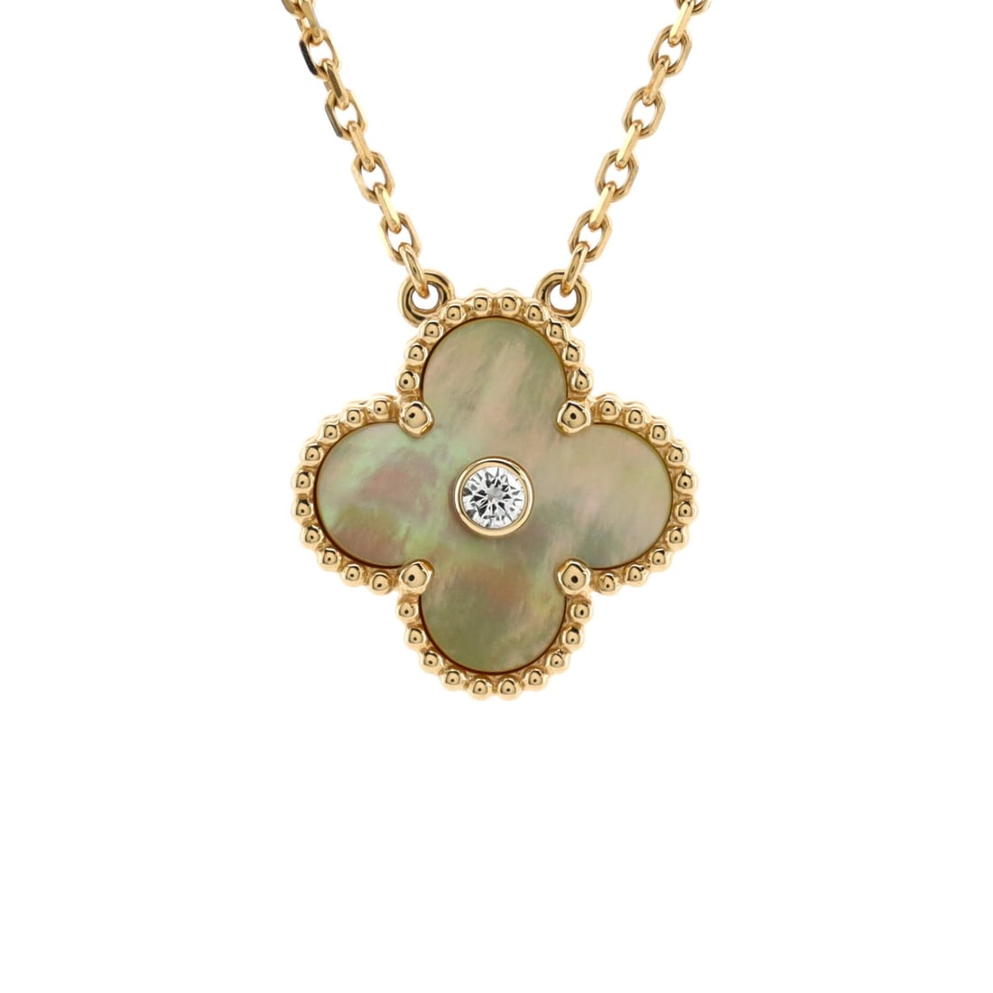 Van Cleef & Arpels Vintage: Van Cleef & Arpels Vintage Alhambra Pendant Necklace 18K Yellow Gold and Gold Mother of Pearl with Diamond Description: Metal Type: 18K Yellow Gold Metal Finish: High Polish Hallmarks Type: 750, Desig
