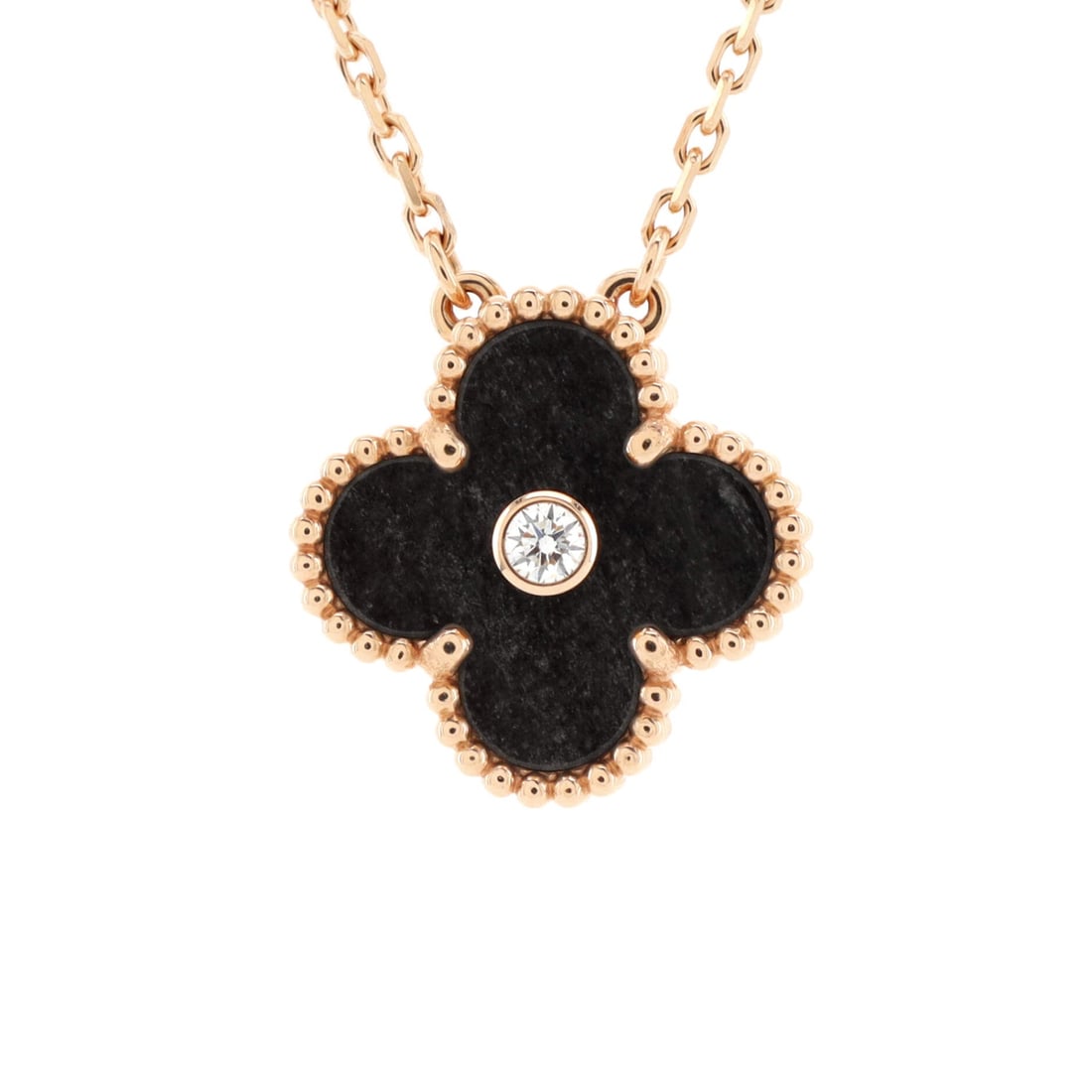 Van Cleef & Arpels Vintage: Van Cleef & Arpels Vintage Alhambra Pendant Necklace 18K Rose Gold and Silver Obsidian with Diamond Description: Metal Type: 18K Rose Gold Metal Finish: High Polish Hallmarks Type: 750, Designer Signa