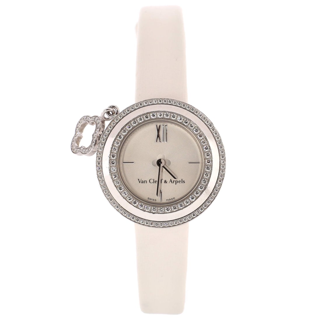 Van Cleef & Arpels Charms: Van Cleef & Arpels Charms Two Row Quartz Watch White Gold and Satin with Diamond Bezel and Mother of Pearl 25 Description: Dial Color: White Dial Material: Mother of Pearl Band Color: White Band M