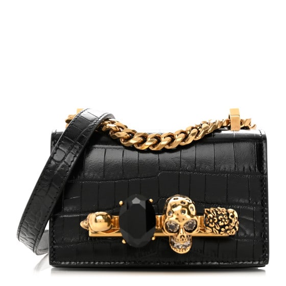 Alexander Mcqueen Calfskin Crocodile Embossed Mini Jeweled Satchel Black: Alexander Mcqueen Calfskin Crocodile Embossed Mini Jeweled Satchel Black SKU no: RBJ1319263 Brand: ALEXANDER MCQUEEN Condition: Excellent Condition Details: Hardware: Faint scratch(es), Exterior: Fray