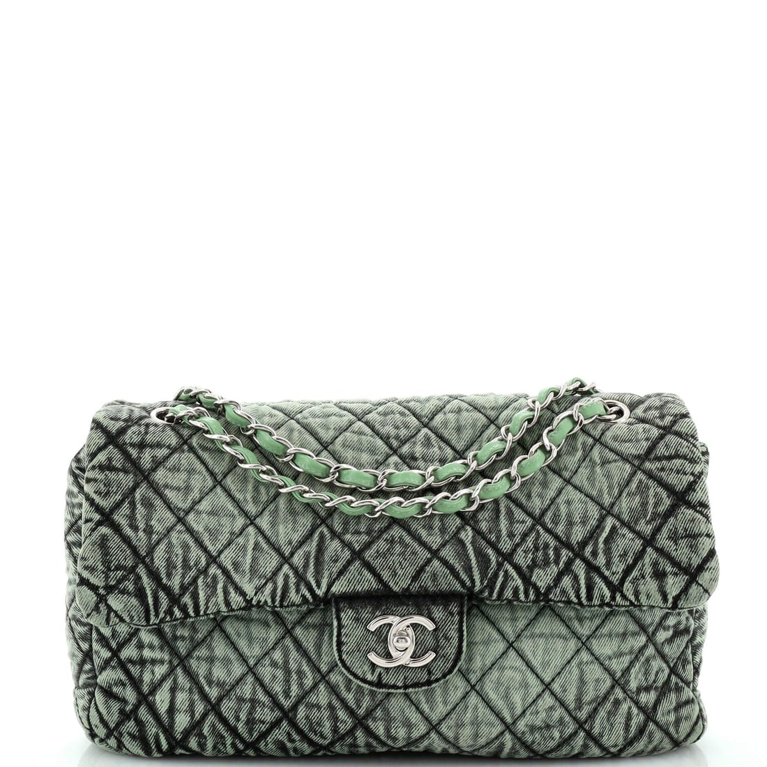 Chanel Denimpression Flap Bag Quilted: Chanel Denimpression Flap Bag Quilted Distressed Denim Medium Exterior Color: Green Interior Color: Green Exterior Material: Denim Interior Material: Denim Hardware Color: Silver Accessories: Dust