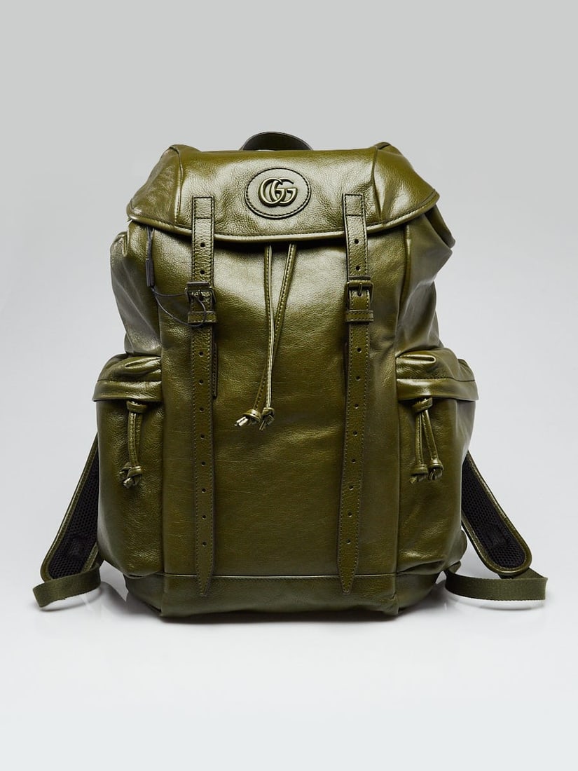 Gucci Green Leather Tonal Double: Gucci Green Leather Tonal Double G Backpack Bag Overall Condition: New Exterior Condition: New Interior Condition: New Designer: Gucci Material: Green leather Includes: Gucci dust bag, booklets, a