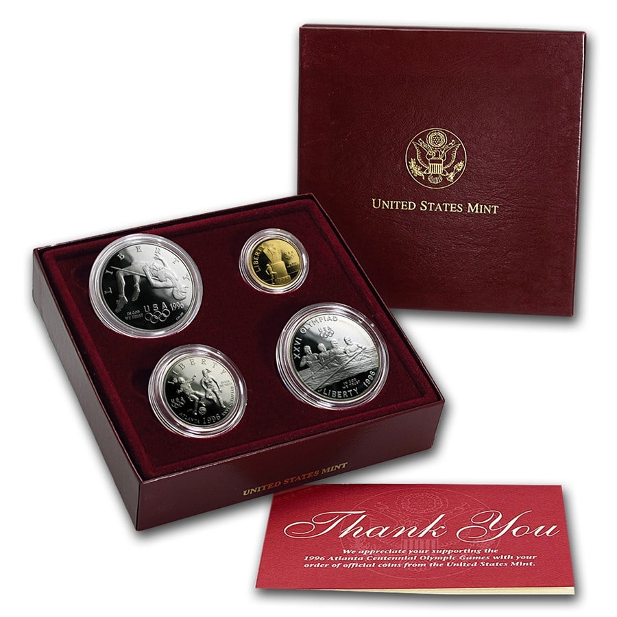 1996 4-Coin Commem Olympic Proof Set: Details: 1996 4-Coin Commem Olympic Proof Set (SRHC, w/Box & COA) SKU no: RBJ14719 Year: 1996 Grade: Proof Grade Service: None Denomination: Varies Mint Mark: Varies Metal Content: 0.2419