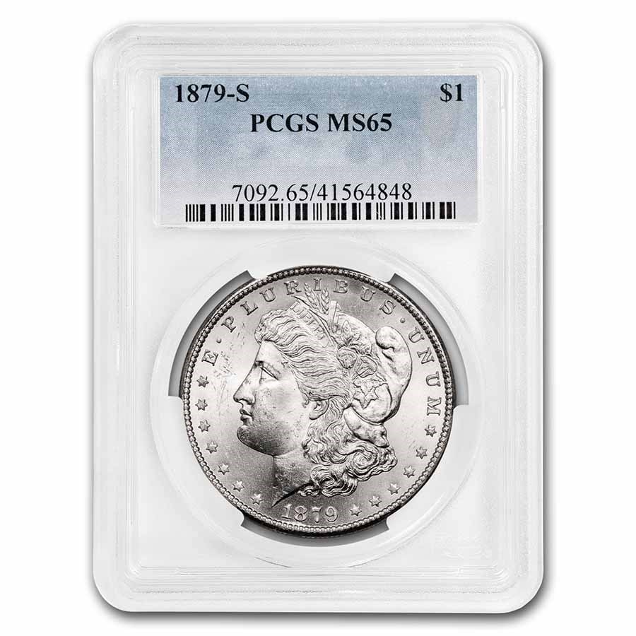1879-S Morgan Dollar MS-65 PCGS: Details: 1879-S Morgan Dollar MS-65 PCGS SKU no: RBJ18403 Year: 1879 Grade Service: PCGS Denomination: $1.00 Metal Content: 0.7734 troy oz Purity: .900 Thickness: 3.1 mm Diameter