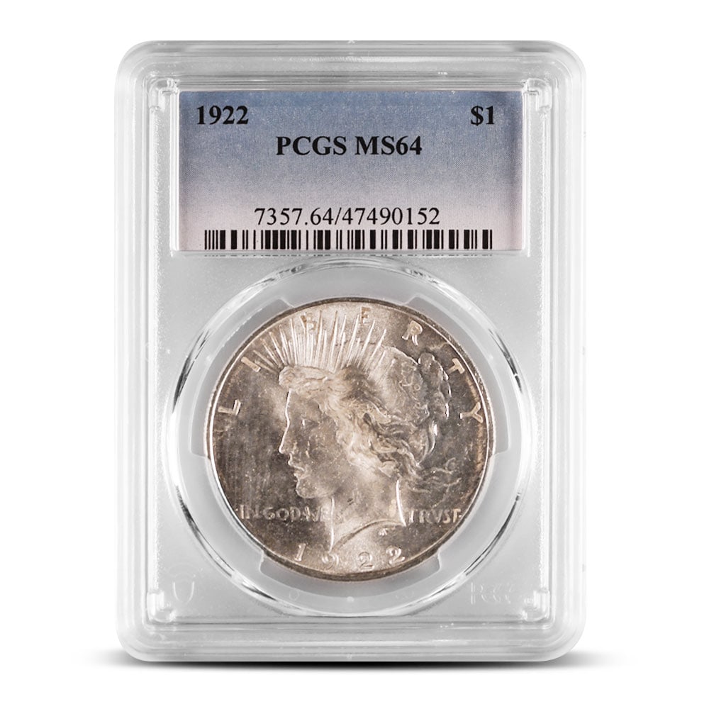 1922 Peace Silver Dollar Coin: 1922 Peace Silver Dollar Coin PCGS MS64 SKU no: RBJ5420735 Year: 1922 Grade: MS64 Grade Service: PCGS Mint Mark: Not Shown Purity: .900 Manufacturer: US Mint Thickness: 3.1 mm