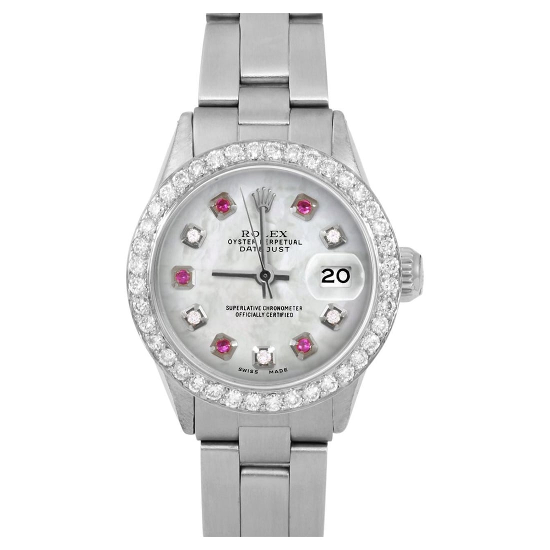 Rolex Ladies SS Datejust MOP: Rolex Ladies SS Datejust MOP Creator: Rolex Design: Lady Datejust WatchDatejust Collection Case Material: Stainless Steel Stone: Ruby, Diamond Stone Cut: Bead Strap Material: Stainless Steel Case Shap