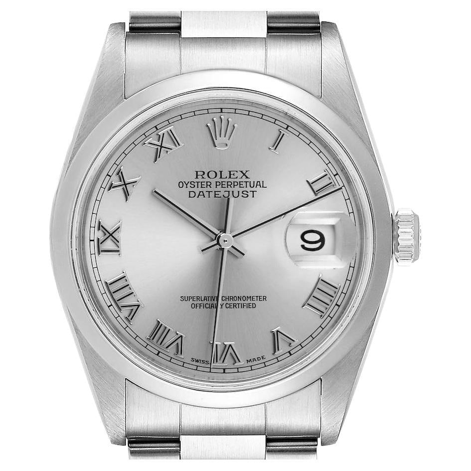 Rolex Datejust 36 Rhodium Roman: Rolex Datejust 36 Rhodium Roman Dial Steel Mens Watch 16200 Box Papers Description: Creator: Rolex Case Material: Rhodium, Steel Movement: Automatic Period: 21st Century Date of Manufactu