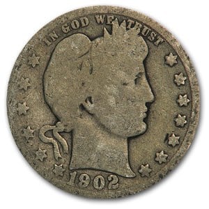 1902-O Barber Quarter Good: 1902-O Barber Quarter Good SKU no: RBJ13847 Year: 1902 Grade: Good Grade Service: None Denomination: 25 Cents Mint Mark: O - New Orleans Metal Content: 0.1788 troy oz Purity:
