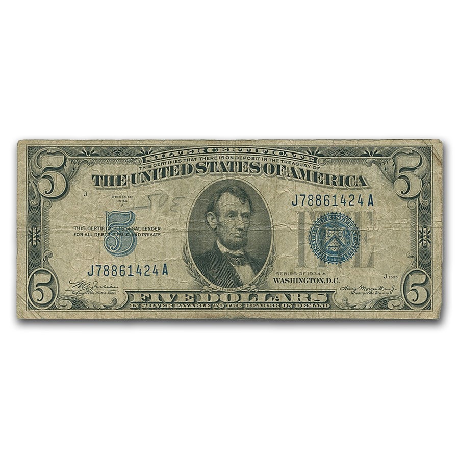 1934-1934-D $5.00 Silver Certificates Cull/Good: 1934-1934-D $5.00 Silver Certificates Cull/Good SKU no: RBJ47717 Year: 1934 Grade: Cull Grade Service: None Denomination: $5.00 Mint Mark: N/A - Not Available Metal Content: 0 troy oz <