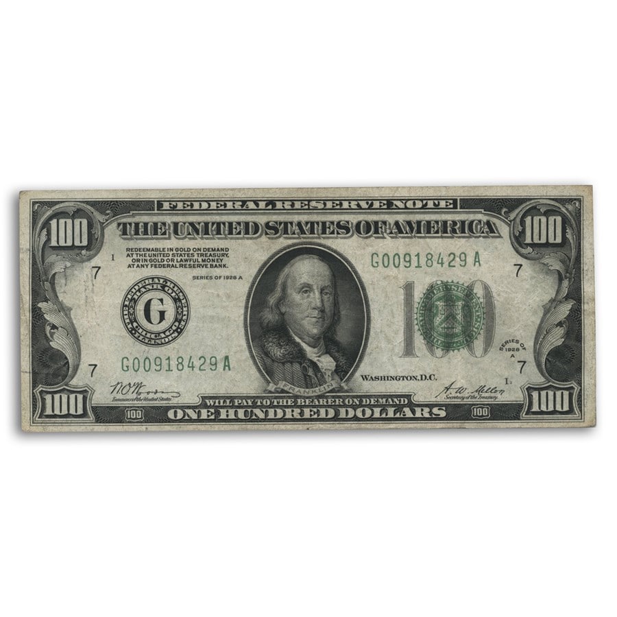 1928-A (G-Chicago) $100 FRN VF (Fr#2151-G) DGS: 1928-A (G-Chicago) $100 FRN VF (Fr#2151-G) DGS SKU no: RBJ115781 Year: 1928 Grade: Very Fine Grade Service: None Denomination: 100 Dollars Mint Mark: G - Chicago Metal Content: 0 troy oz