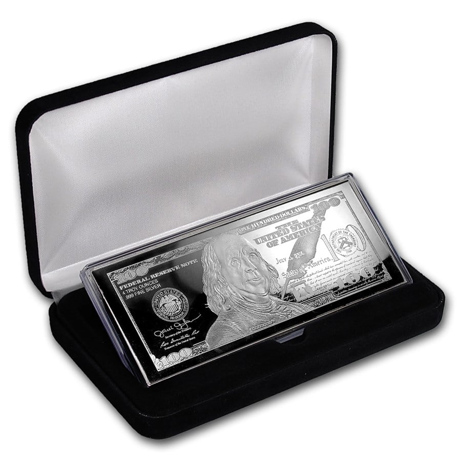 4 oz Silver Bar - 2017 $100: 4 oz Silver Bar - 2017 $100 SKU no: RBJ114813 Year: 2017 Grade: None Grade Service: None Mint Mark: N/A - Not Available Metal Content: 4 troy oz Purity: .999 Thickness: 1.4 mm <b