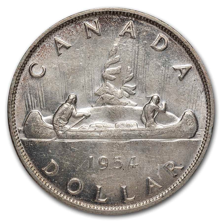 1954 Canada Silver Dollar Elizabeth II AU: 1954 Canada Silver Dollar Elizabeth II AU SKU no: RBJ178296 Year: 1954 Grade: Almost Unc Grade Service: None Denomination: $1.00 Mint Mark: RCM (Not Shown) Metal Content: 0.6 troy oz