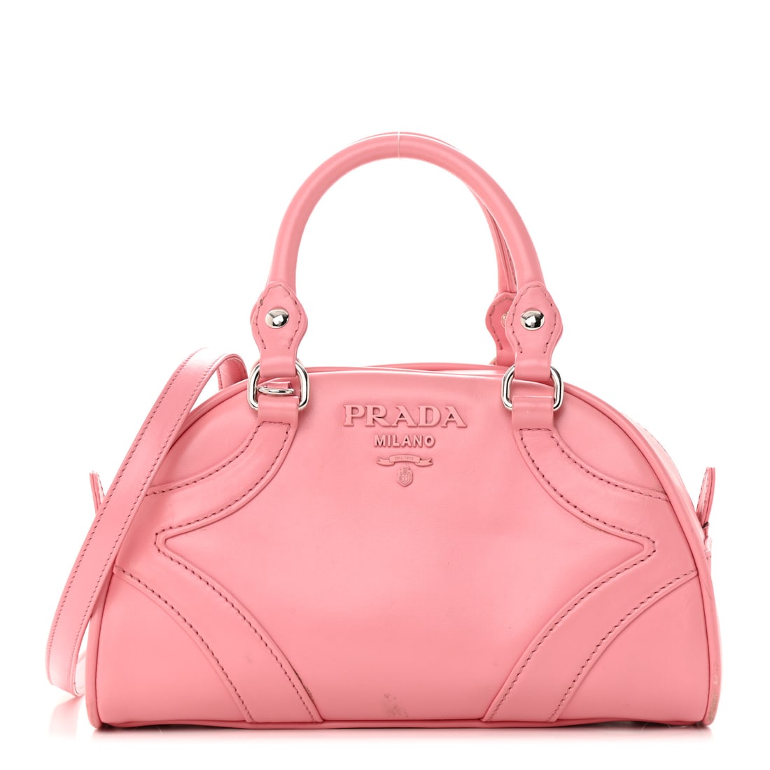 Prada Soft Calfskin Monochrome Bowling Bag Petalo: Prada Soft Calfskin Monochrome Bowling Bag Petalo SKU no: RBJ1320755 Brand: PRADA Condition: Very Good Condition Details: Exterior: Corner wear, creases, scuffs, edge wear, marks, popped stitch(es), t