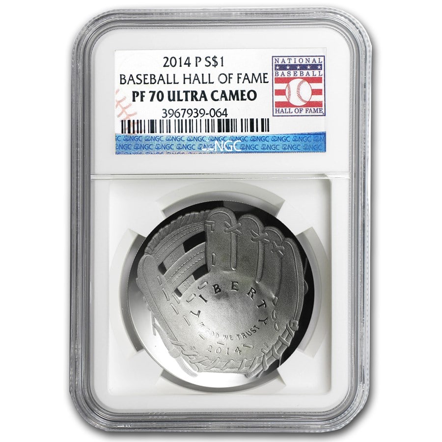 2014-P Baseball HOF $1 Silver Commem: Details: 2014-P Baseball HOF $1 Silver Commem PF-70 NGC SKU no: RBJ95346 Year: 2014 Grade Service: NGC Denomination: 1 Dollar Metal Content: 0.7734 troy oz Purity: .900 Thickness: 3.1 mm