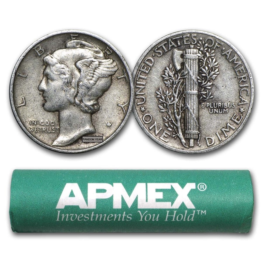 90% Silver Mercury Dime 50-Coin Roll: Details: 90% Silver Mercury Dime 50-Coin Roll XF SKU no: RBJ44583 Year: Random Grade: Extra Fine Grade Service: None Denomination: $0.10 Mint Mark: Varies Metal Content: 3.575 troy oz