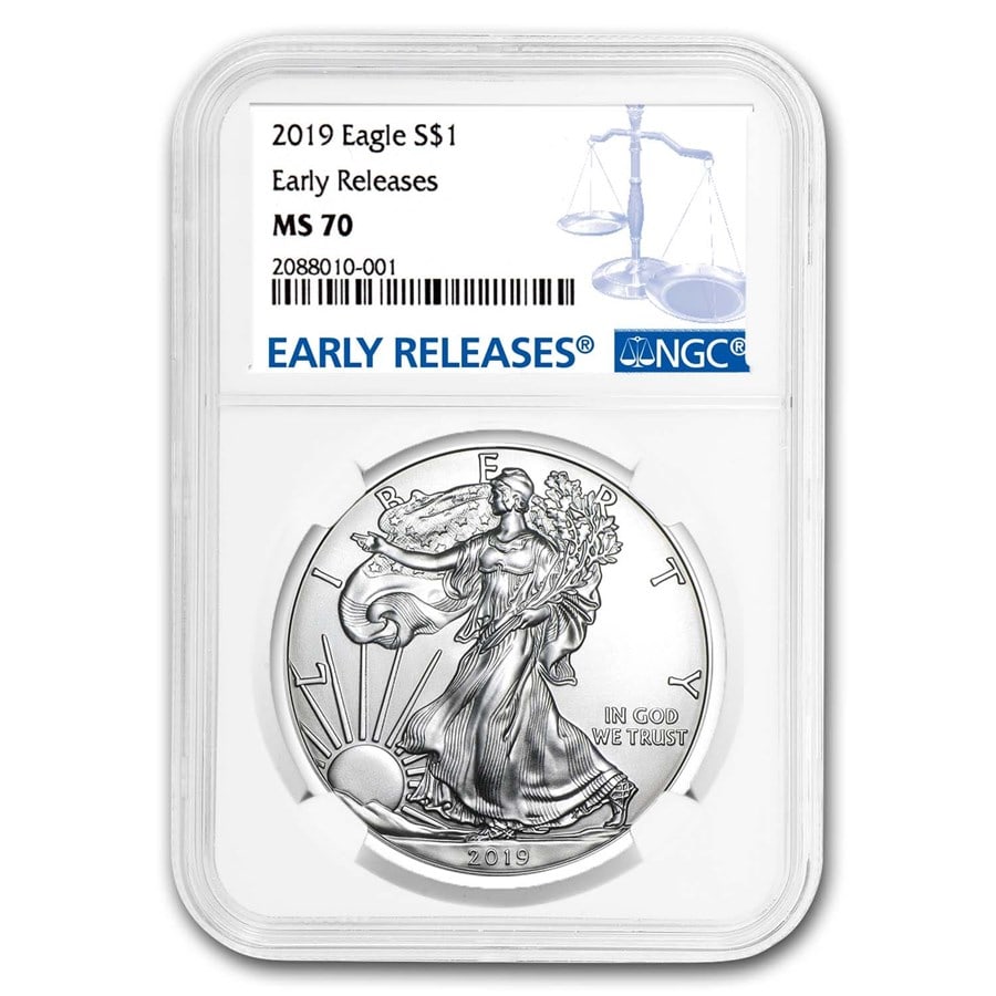 2019 American Silver Eagle MS-70 NGC: Details: 2019 American Silver Eagle MS-70 NGC (Early Releases) SKU no: RBJ172564 Year: 2019 Grade: MS-70 Grade Service: NGC Denomination: $1.00 Mint Mark: W - West Point (Not Shown) Metal