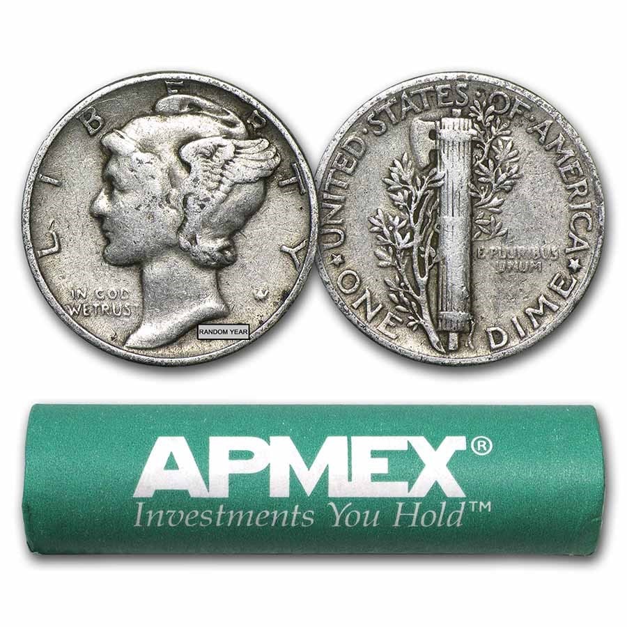 90% Silver Mercury Dime 50-Coin Roll: Details: 90% Silver Mercury Dime 50-Coin Roll (1916-1929) SKU no: RBJ47812 Year: Random Grade: Average Circulated Grade Service: None Denomination: $0.10 Mint Mark: Varies Metal Content:
